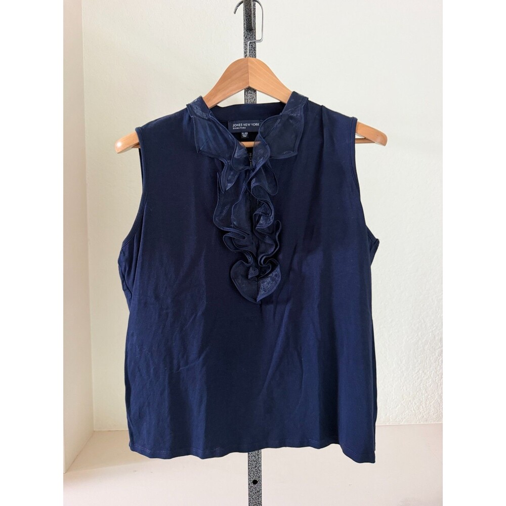 Jones New York Signature Feminine Knit Top Womens XL Navy Blue 1/4 Zip Sleeveles